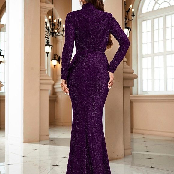 Brand New Draped Front Mock Neck Glitter Formal Gown Purple - Picture 6 of 6